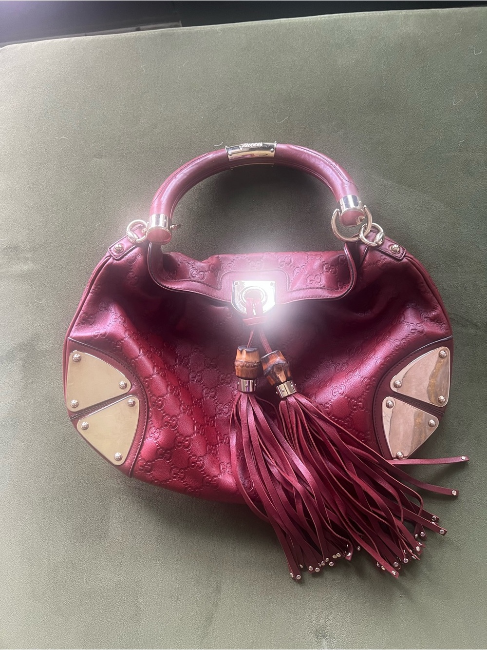 Gucci Burgundy Leather Tassel Shoulder Bag with Gold Hardware